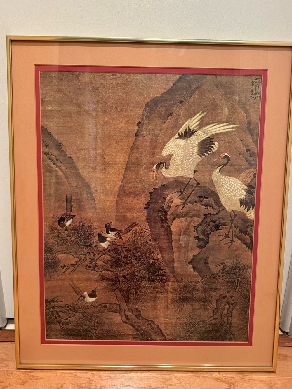 Vintage Chinese Li Chan Group of Magpies & Crane & 2 Cranes Framed Art Print